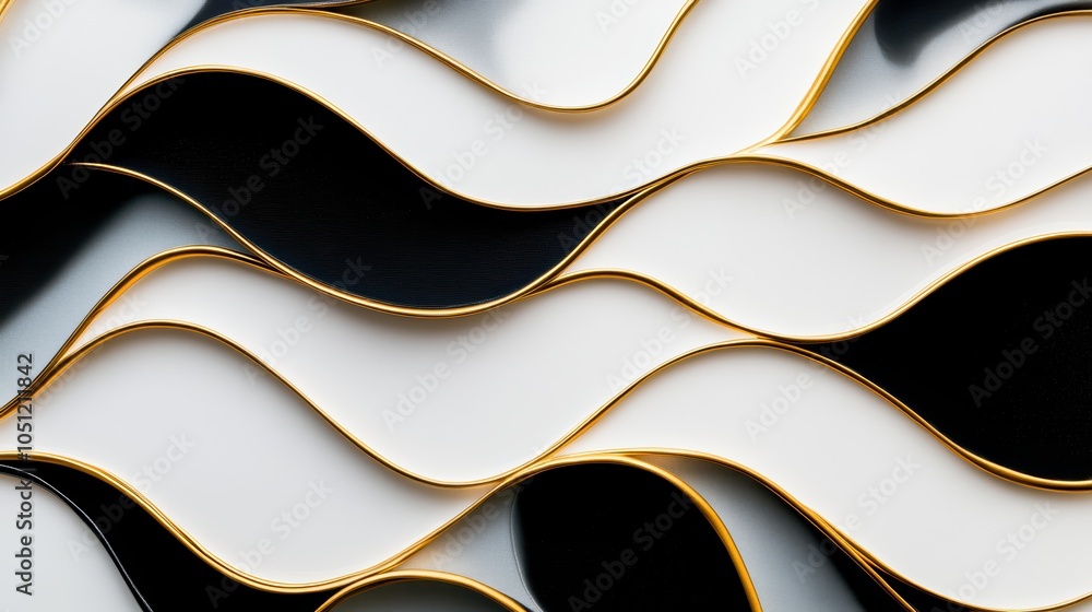 Poster abstract wave patterns in black, white, and gold, creating a modern design effect.