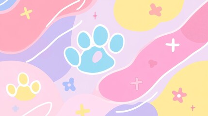 artistic cat paw illustrations, friendly pastel palette, continuous line drawing technique, fluid curves, playful pattern design, floating sparkles and crosses, soft color transitions, gentle shading