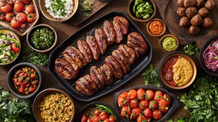 Grilled Eastern Meats with Fresh Ingredients Outdoors