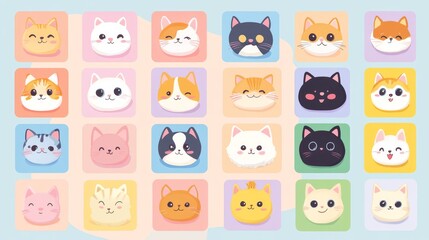 charming pet emoticon set, flat color animal portraits, expressive eyes, simplified features, vector illustration, cohesive style across species, kid-friendly graphics