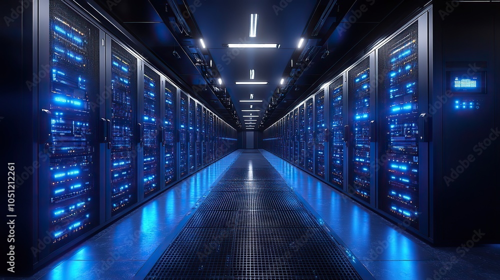 Poster modern server room with rows of advanced computer equipment housed in black and blue cabinets.image