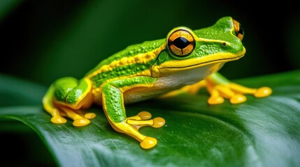Obraz premium An enchanting green frog perched on a lush leaf, showcasing vibrant colors against a natural backdrop.