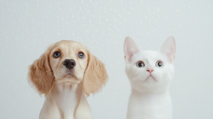 companion pets duo shot, golden puppy with long ears, light colored feline friend, minimalist white setting, professional animal portrait, fine fur detail, natural positioning