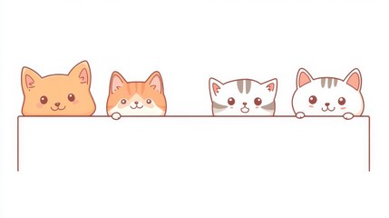 Obraz premium cute pet peek illustration, kawaii animal heads, orange dog and striped cat characters, outline art style, simple line drawing, white message board template, minimal design