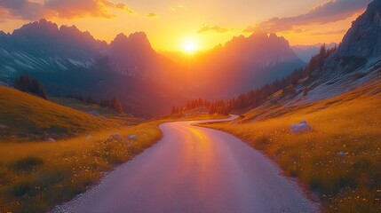 mountain road at sunset in the Dolomites, Italy, showcases the beauty of curved roadway and stunning landscapes.