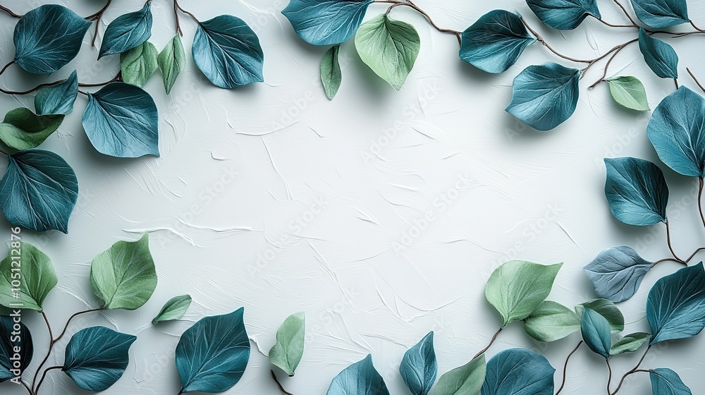 Poster nature-inspired frame of plasticine green leaves and branches on white backdrop, creating simple yet