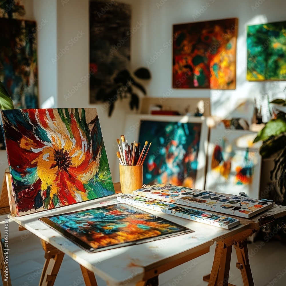 Poster a colorful art studio with paintings on an easel, brushes in a jar, and an open palette on a table.