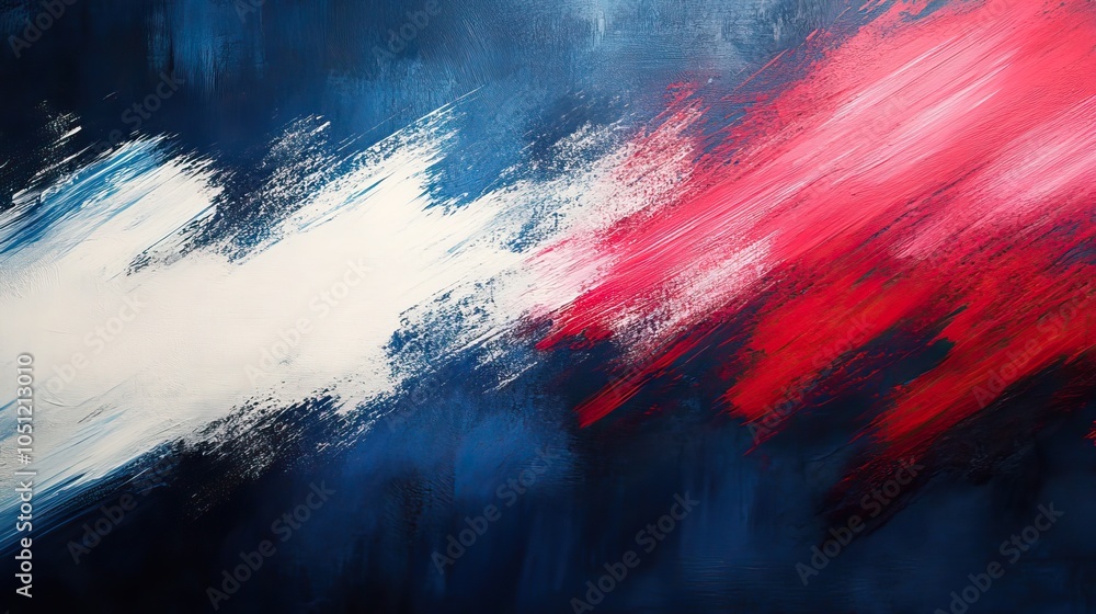 Poster navy blue background with white and red brush strokes, forming an abstract pattern.
