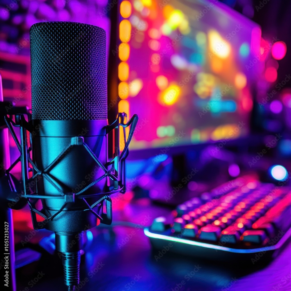 Poster professional microphone in front of a gaming computer with colorful lights.