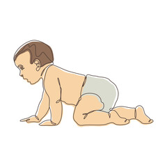 Cute Newborn Baby Cartoon Character Crawling in Line Art Doodle Design