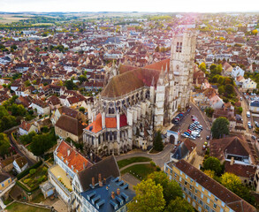 Aerial view of historic city of Auxerre with Roman Catholic Cathedral, Burgundy, France