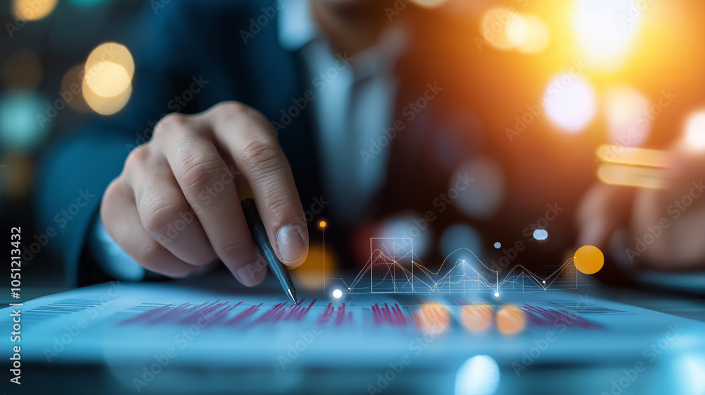 Poster analyzing financial data on digital dashboard with finger touching screen for business strategy and 