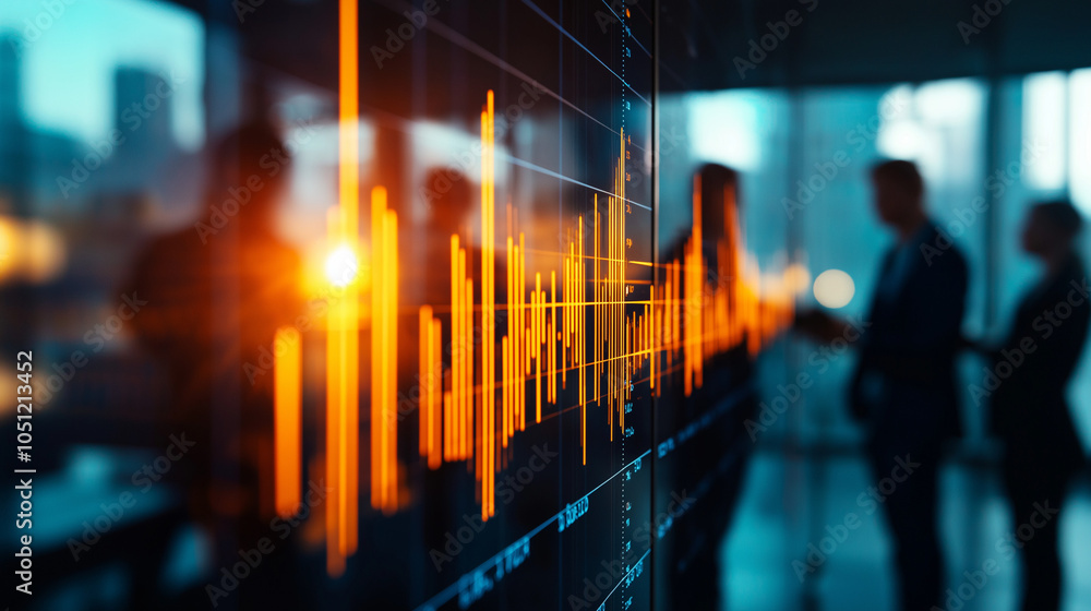 Poster blurred financial data display with glowing graphs and analytics dashboard on a futuristic city skyl