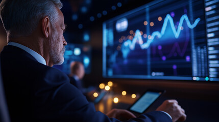 Businessman in suit analyzing real time market data and financial charts on multiple digital displays during corporate financial planning and investment strategy