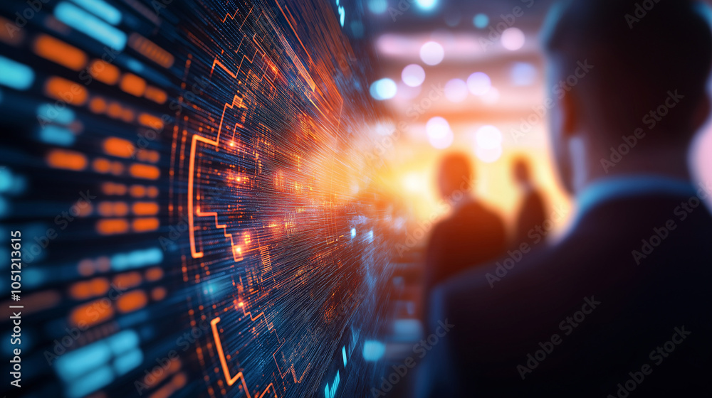 Poster glowing data matrix with dynamic particle effects against a futuristic digital landscape symbolizing