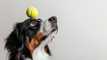 A Bernese Mountain Dog with a tennis ball balanced on its head.