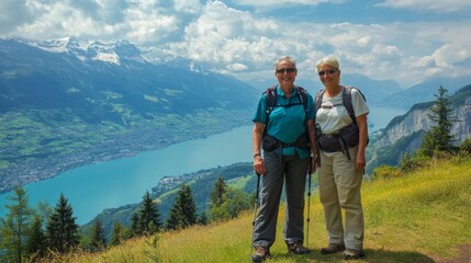 Obraz premium Elderly couple treks stunning mountains.