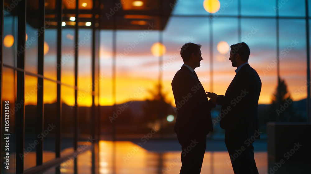 Wall mural two business partners or executives silhouetted against a warm golden sunset skyline shaking hands i