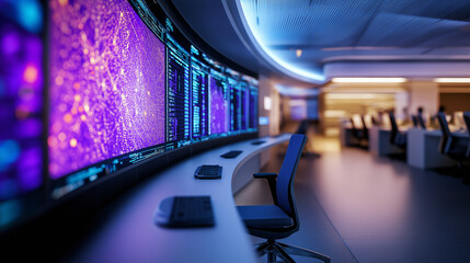 Vibrant and dynamic data analytics dashboard with glowing digital displays charts and information screens in a sleek modern office or technology workspace setting