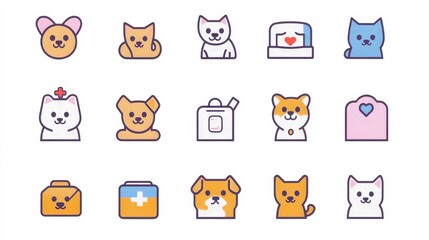 veterinary clinic symbol pack, simplified pet illustrations, uniform stroke width, flat design approach, user-friendly icon system for digital platforms
