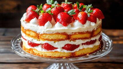 Delicious layered cake topped with fresh strawberries and whipped cream on a glass cake stand.