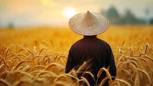 Farmer in Golden Wheat Field at Sunset