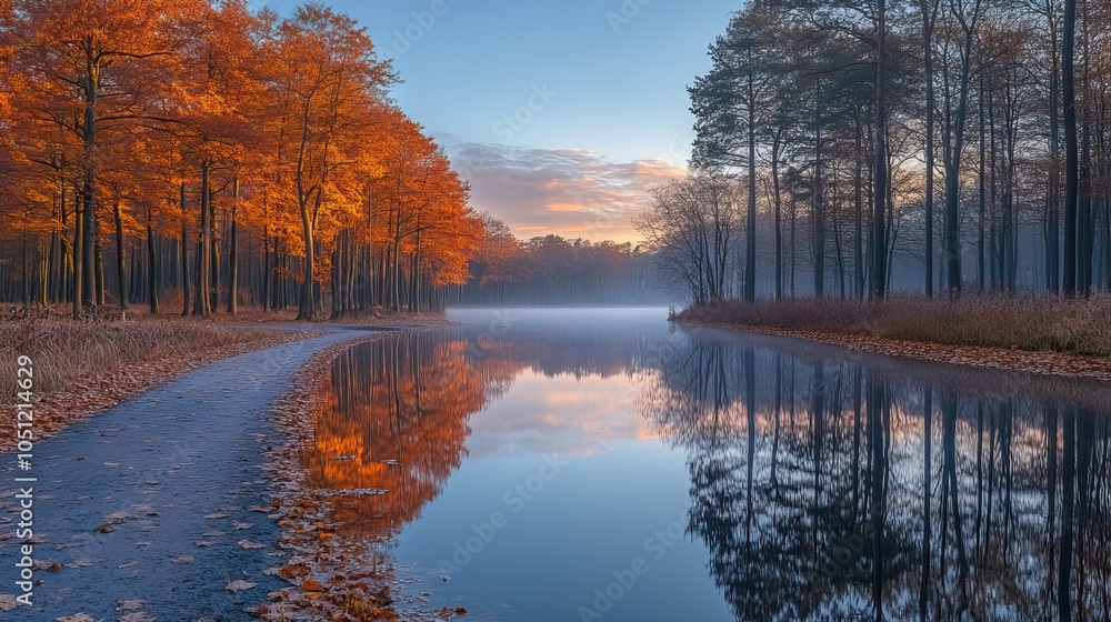 Poster panoramic view of forest road during autumn, with colorful trees and reflective lake, under the soft