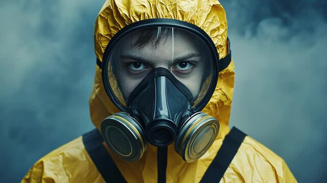 Man in Hazardous Material Suit with Gas Mask