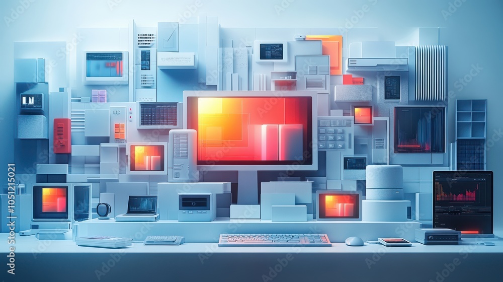 Poster a computer monitor is surrounded by a wall of computer parts. generative ai
