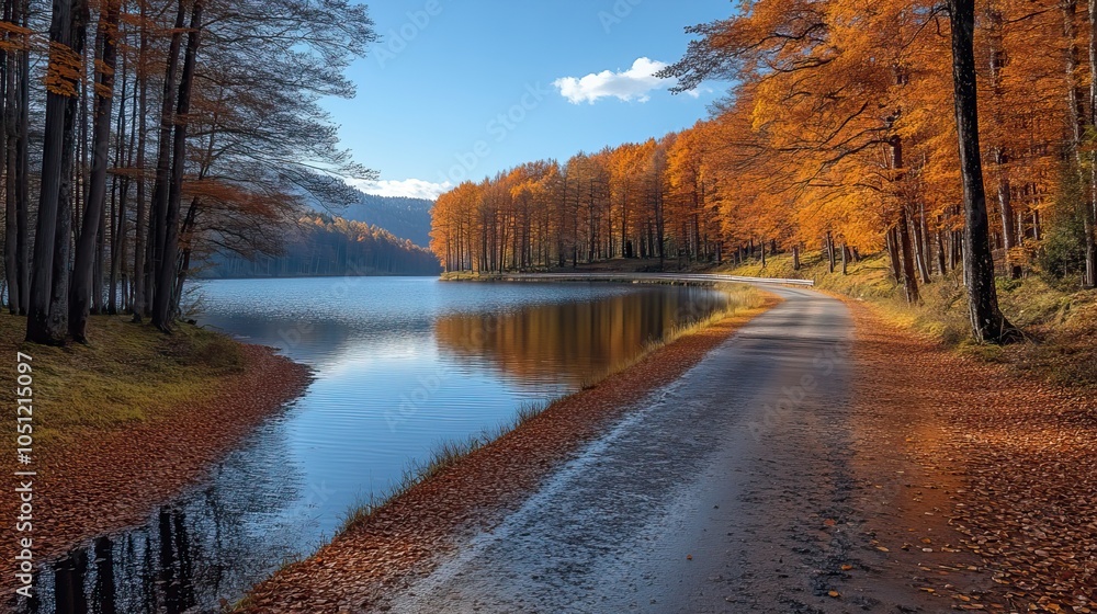 Poster panoramic view of an autumn forest and road by lake, with trees and white guardrail visible in the s