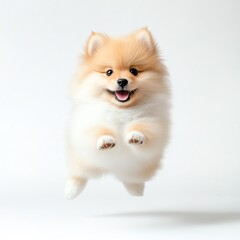 Obraz premium A fluffy, happy puppy with white paws leaps in mid-air against a white background.