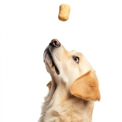 A golden retriever dog looks up at a treat falling from the air.