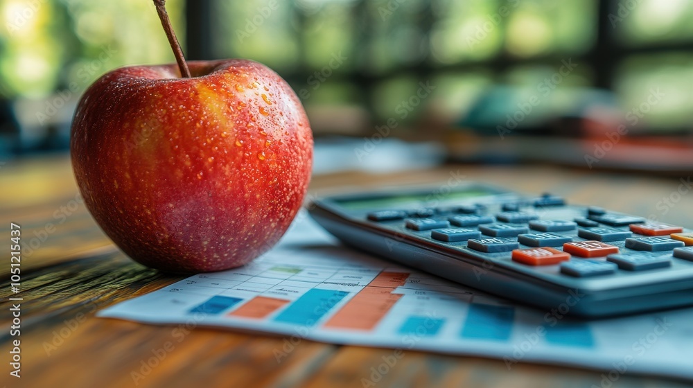 Poster a red apple sits on a table next to a calculator. generative ai
