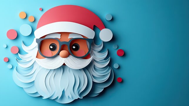 paper craft Sant Claus wearing glasses on blue background, featuring paper-cut style for Christmas and New Year designs, ideal for greeting cards, posters, or banners with copy space.illustration