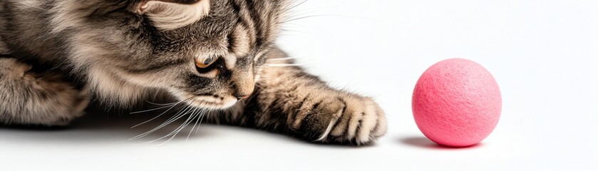 A tabby cat stares intently at a pink ball.