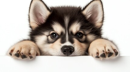 Obraz premium Adorable puppy with fluffy fur resting on a surface, showcasing its curious eyes and playful demeanor.