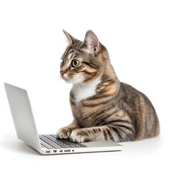 Cat sitting at a laptop, focused on the screen, white background.