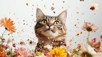 Cat surrounded by colorful flowers, joyful and vibrant atmosphere
