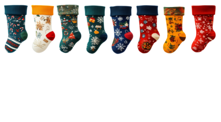 Multi-colored socks in a row with space for text, created with Generative AI technology, PNG