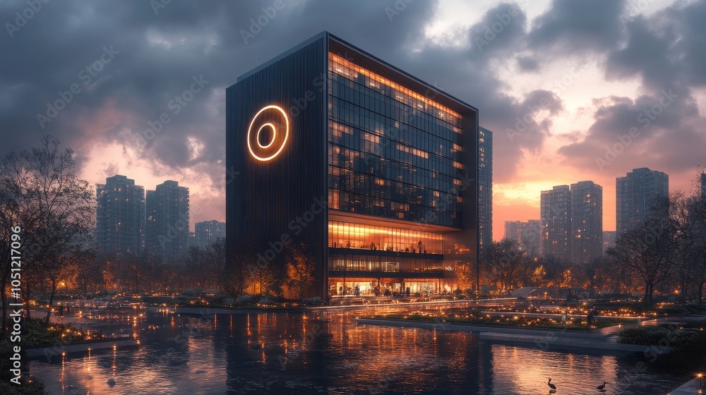 Poster a large building with a large circle on it. generative ai