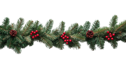 Garland of Christmas tree branches decorated with pine cones and berries, created with Generative AI technology, PNG