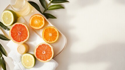 Fresh citrus fruits on a neutral background with leaves.