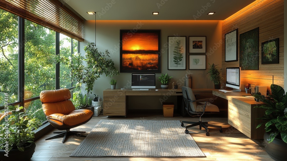 Poster a modern office with a large window and a comfortable chair. generative ai