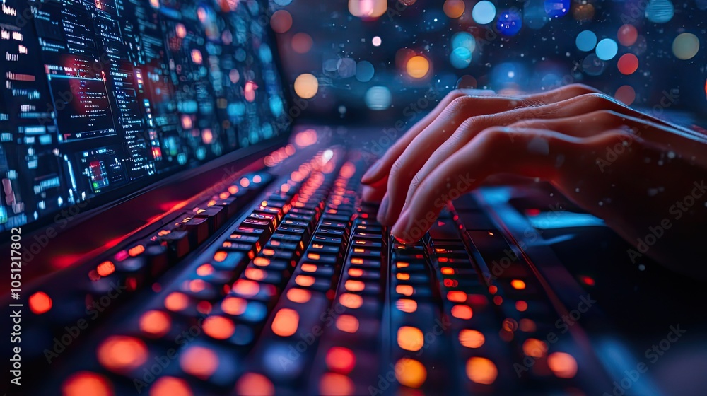 Poster person typing on keyboard in control room, with hands in focus and dark blue color scheme in the bac