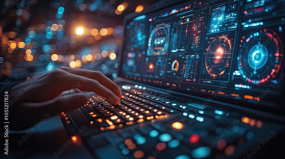 Poster person typing on keyboard in control room, with hands in focus and dark blue color scheme in the bac