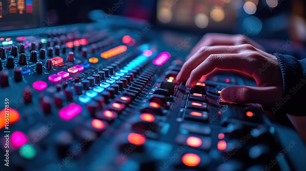 Poster person typing on keyboard in control room, with hands in focus and dark blue color scheme in the bac