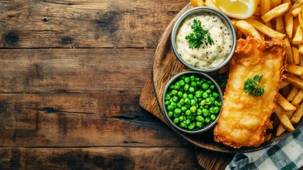 Rustic Fish and Chips with Peas on Wooden Platter