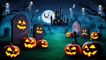 Fototapeta premium Experience the enchanting eeriness of Halloween night with this captivating scene set in a spooky graveyard. Scary carved pumpkins flicker with warm candlelight, illuminating shadowy tombstones.