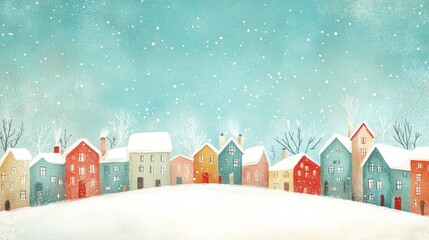 Fototapeta premium Colorful Snowy Village Winter Illustration