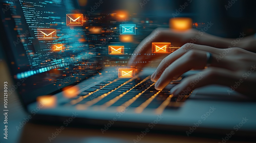 Poster person typing on laptop with multiple floating email icons, illustrating active digital communication.image